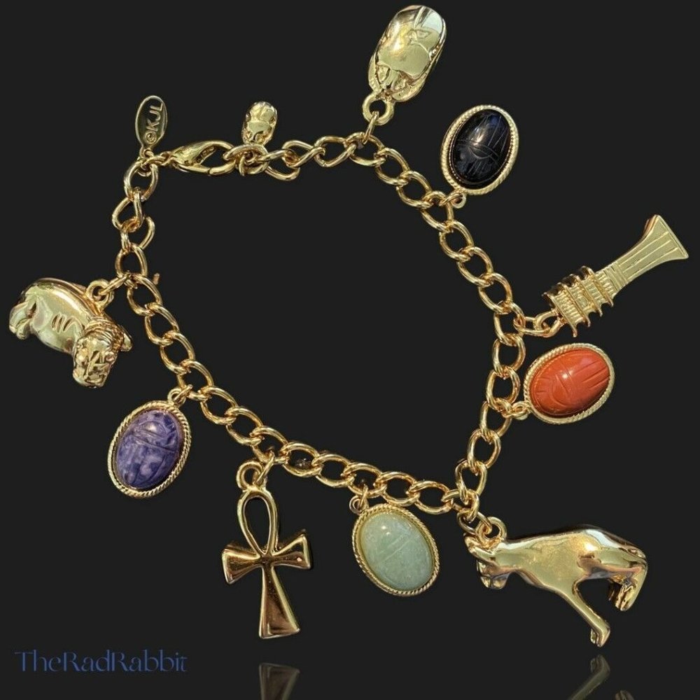 Vintage Gold Plated KJL Kenneth Jay Lane Egyptian Charm Bracelet Scarab Beetles